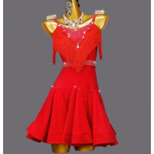 Custom size red color competition diamond latin dance dresses for girls kids fringe salsa samba chacha rumba performance costumes for children